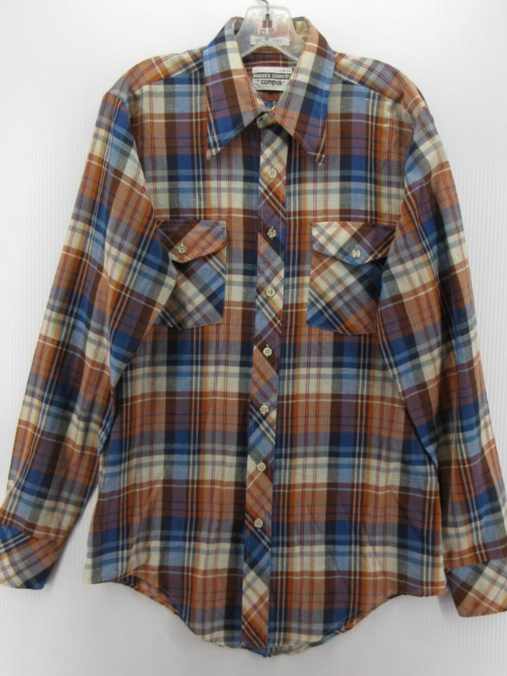 VINTAGE Campus Shirt Medium Tall Rugged Country Plaid 70s Dagger Collar
